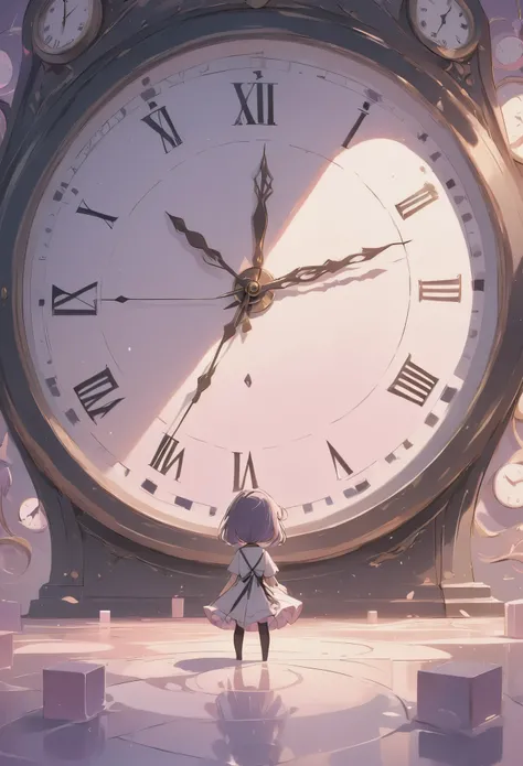 masterpiece, best quality, ultra-detailed, minimal object, chibi, Low Fidelity (lofi) art style, pastel pink and purple tones. A massive, minimal clock towers over a quiet square, its hands slowly ticking away the time. On the surface of the clock, soft, c...