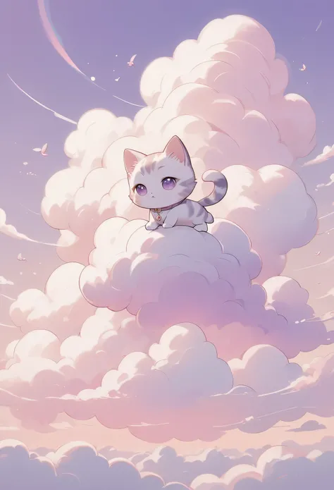 masterpiece, best quality, ultra-detailed, minimal object, chibi, Low Fidelity (lofi) art style, pastel pink and purple tones. A chibi-style cat with a fluffy tail walks gracefully across the tops of soft, pastel-colored clouds. The clouds are minimal and ...