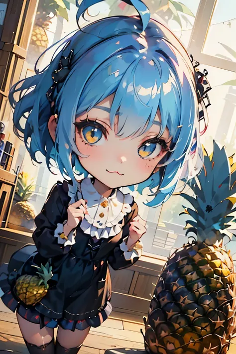 ( masterpiece:1.2),(fresh pineapple:1.3)、( 1 girl、moe:1.4)、(chibi body、light blue hair color, short chignon hair、 highly detaile...