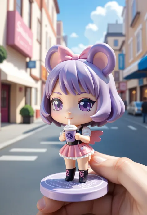 masterpiece, best quality, ultra-detailed, minimal object, chibi, Low Fidelity (lofi) art style, pastel pink and purple tones. A large coffee cup, floating in mid-air, contains an entire miniature chibi city inside it. The city is small and simple, with ti...