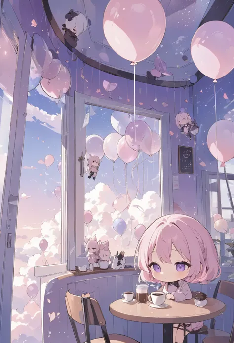 masterpiece, best quality, ultra-detailed, minimal object, chibi, Low Fidelity (lofi) art style, pastel pink and purple tones. A small, cozy café is floating high above the clouds, suspended in the sky by a few simple balloons. The café has a minimal desig...