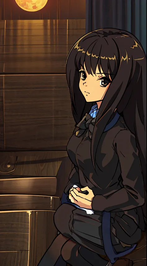 Beautiful girl, gorgeous long black hair, dark eyes, best quality, highres:1.2 wearing a brown blazer, winter school uniform, dark brown ribbon, looking at the viewer with a stern expression on a moon night, 16k, anime style, intricate details, line:-3, hy...