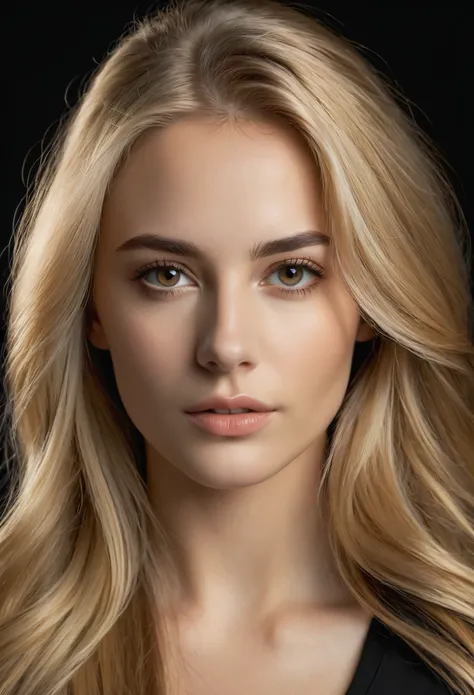 Portrait of a stunning woman with piercing brown eyes and long flowing blonde hair, in a black T-shirt,  Ultra Realistic , complex details in clothing and facial features,  studio lighting to enhance the depth and realism of the image. Highest detail on th...