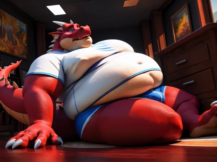 Male Red dragon, extremely obese, very big round belly, very big moobs , fat body, fat arms, chubby face, big cheeks, fat chin, double chin full of fat, 3D render, tight white short sleeves t-shirt, too tiny t-shirt, half covered by the t-shirt, briefs, lo...