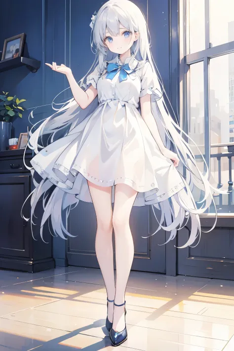 girl　cute　One person　beautiful girl　White and Blue Mini Dress 　Heeled shoes　 Silver Straight Long Hair　blue eyes　whole body　Standing posture　Standing still　smile　Background white　Face forward