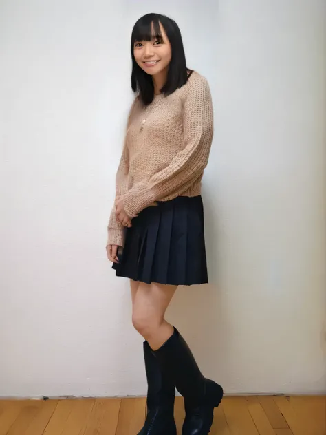 Super detailed,Best Quality,One high school girl,Standing in a room with white walls, Looking Here , pink sweater ,Im wearing a pleated miniskirt, Im wearing black boots,Posing for a photo,Hands clasped together in front of the body