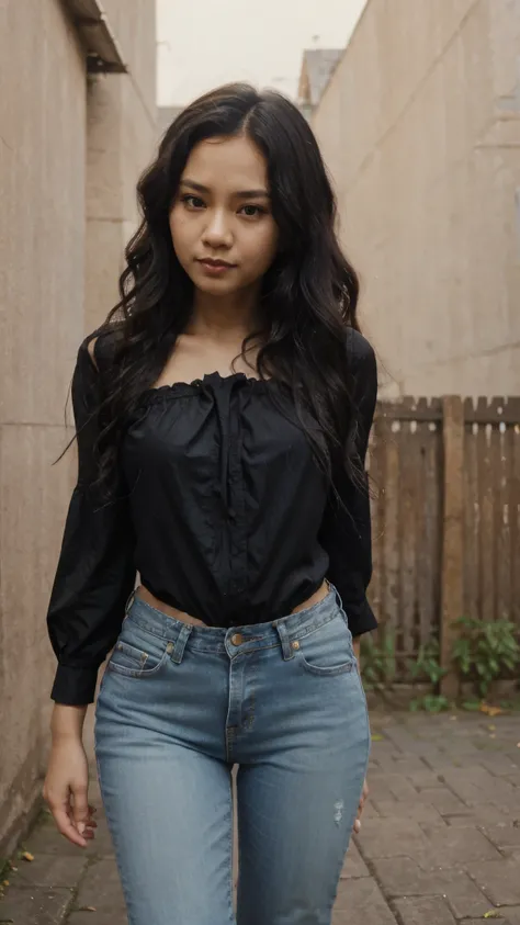 Cute woman, indonesian, selfie, black wavy tangled hair, dressed half hand blouse and skinny jeans, like disney princess