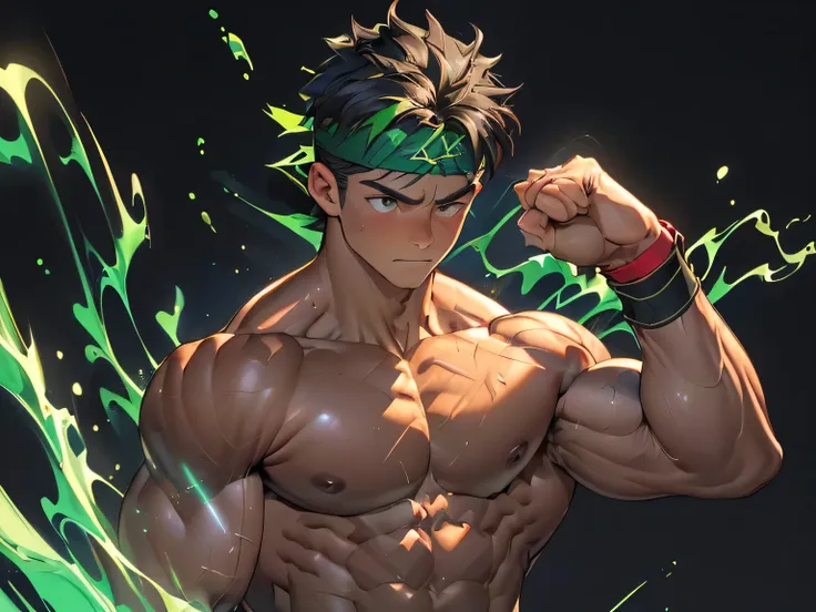 ((masterpiece, best quality)), (((((black background, deep night, upper body, looking away))))), (worm eyes, Young boy, muscler, Shirtless, topless), ((((1boy, solo, flesh, tough, reliable, developed body)))), (Dark Short straight hair, green eyes, ((almos...