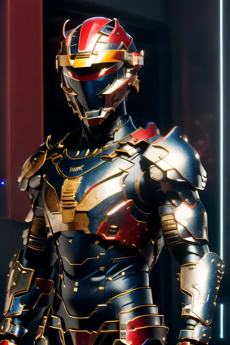 (red mech bodysuit), whole body, ((night)), cyber punk city,  bodysuit with red or blue accents based on silver,  eyes glow red , Suit parts are large ,  lots of light effects , helmet with horns, ((Carrying a Japanese sword)),  Unreal Engine 5, High image...