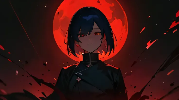 A striking medium shot digital wallpaper featuring Touka Kirishima from Tokyo Ghoul, showcasing her short bob cut with dark blue hair partially covering one eye. She should be depicted in her signature black and red outfit, with a background that conveys a...