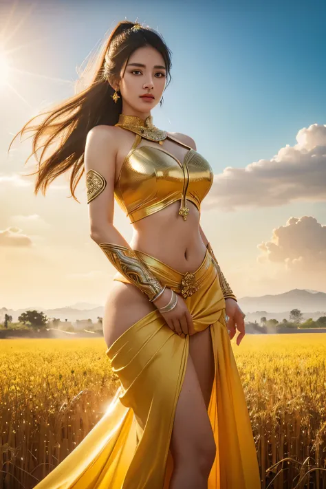 A stunningly beautiful female superhero stands in the middle of a golden rice field, wearing a short, form-fitting traditional Thai outfit that highlights her curvaceous figure and large breasts. The intricate design of her attire blends modern elegance wi...