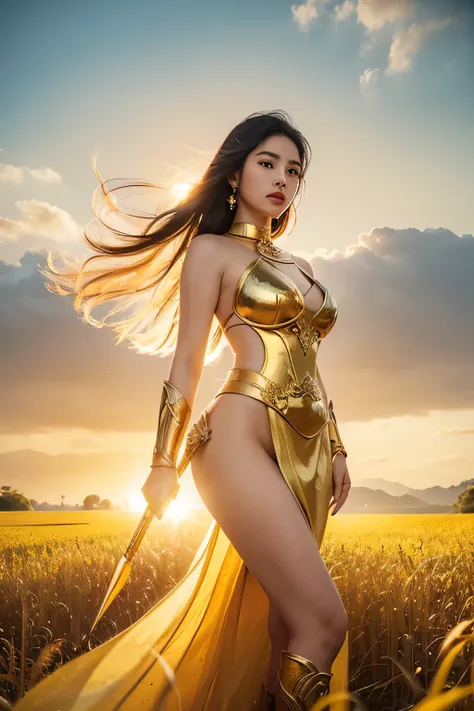 A stunningly beautiful female superhero stands in the middle of a golden rice field, wearing a short, form-fitting traditional Thai outfit that highlights her curvaceous figure and large breasts. The intricate design of her attire blends modern elegance wi...