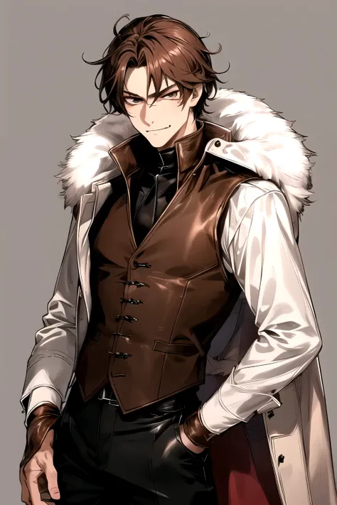 Best Quality, Details, Perfect One Man ,Beautiful Face, adult, Fur coat,anime,cowboy shot,((no hat:1.5)), Black Leather Trousers,smug,skin fang, simple background,brown leather vest , medium hair 