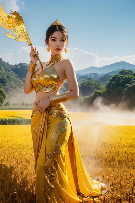 A stunningly beautiful female superhero stands in the middle of a golden rice field, wearing a short, form-fitting traditional Thai outfit that highlights her curvaceous figure and large breasts. The intricate design of her attire blends modern elegance wi...