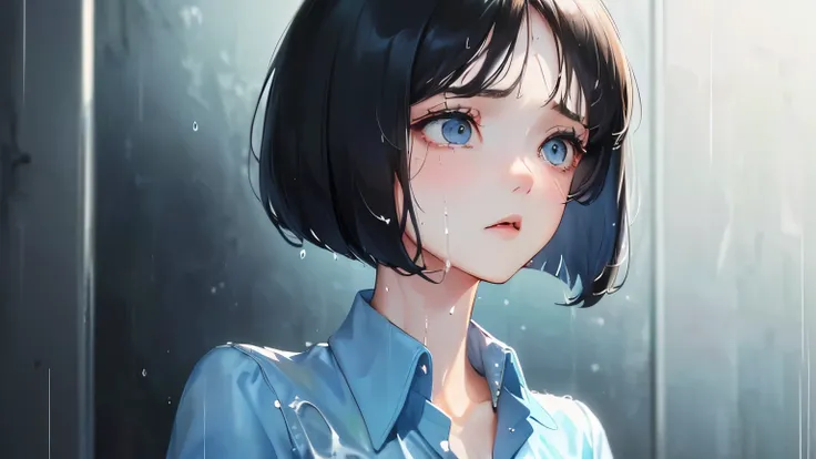 ((One Girl))),(((()))、((Rain、 night background))),(((( Office Lady))),((( black hair short bob cut))),(((soaked))、(()),Front view、,Masterpiece,best quality,,((Blue Shirt))、((Sad look))、determined expression, Upper body diagram、 ( highest resolution 、Clear_...