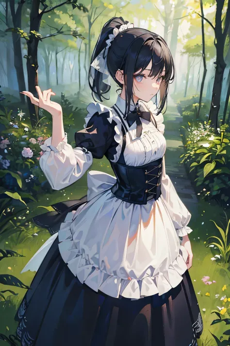 masterpiece,Best Quality, very detailed ,beautiful girl, teenager,Maid, long skirt,Outdoor,Mansion,Night Forest,Small breasts, thin waist, black hair ponytail , perfect eyes, very cute,Active pose