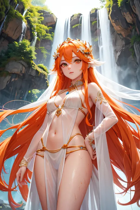 Orange eyes, beautiful goddess, long orange hair, hair ornament, thin, transparent white plumage, waterfall, loincloth, photo taken from below, wet body, wet hair