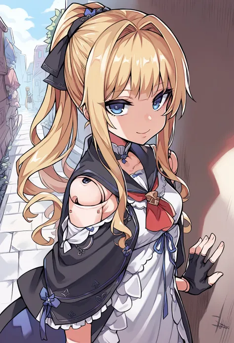 score_9, score_8_up, score_7_up, 1 girl, hsrherta, doll joints, (blonde ponytail hair, blue eyes), skinny, black robe, capelet, red ascot, fingerless gloves, smiling, posing, looking at viewer, small breasts, victorian alley, mist