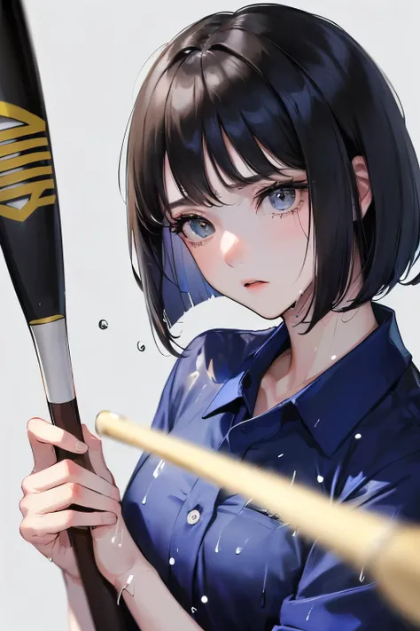 ((One Girl))),((((Holding a baseball bat)))、((batting center background))),(((( Office Lady))),((( black hair short bob cut))),(((soaked))、(()),Front view、,Masterpiece,best quality,,((Blue Shirt))、((Sad look))、determined expression, Upper body diagram、 ( h...