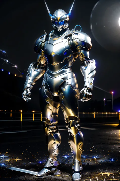 (metallic: 1.5, silver suit: 1.5), (Japanese hero), (mech bodysuit with swords: 1.5), whole body, ((Night view: 2.0)), cyberpunk, My eyes are shining brightly, Suit parts are large , Lots of LEDs, ( antennae to raise arms in front of you), Unreal Engine 5,...