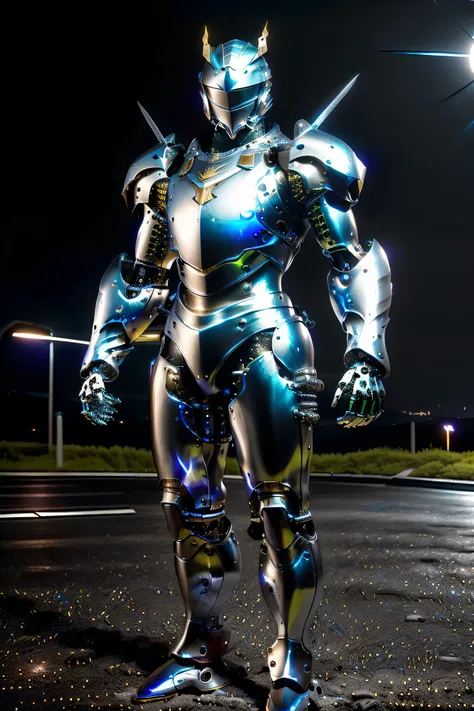 (metallic: 1.5, silver suit: 1.5), (Japanese hero), (mech bodysuit with swords: 1.5), whole body, ((Night view: 2.0)), cyberpunk, My eyes are shining brightly, Suit parts are large , Lots of LEDs, (helmet with sharp antennae), Unreal Engine 5, High image q...