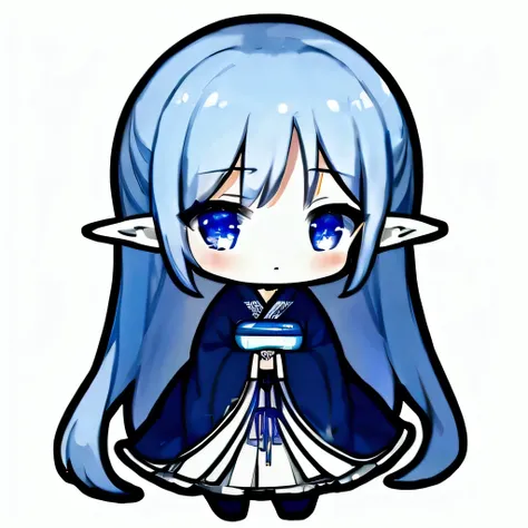 A woman，Chibi，thick outline ， simple background，Long ears，cute，Very energetic ， eye color ocean blue ，Big eyes， light blue dress ， Comfortable， tall, long hair ，Light blue hair，Wear a cute cross-shaped hair accessory on your head， holding an anthropomorphi...