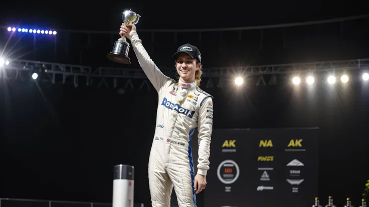  DRIVER ON THE PODIUM HOLDING A SILVER TROPHY, CELEBRATING SECOND PLACE IN F1 