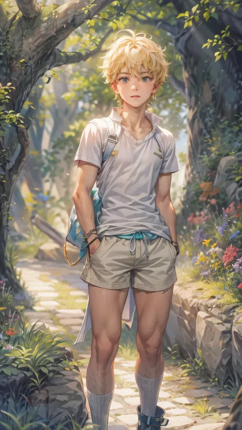 ((Best quality)), ((masterpiece)), (detailed), ((perfect face)), ((fullbody)) handsome face, male, teen boy,  perfect proportions , a character from anime groove adventure Rave, short hair, male version , hiro mashima art, detailed ghibli town forest backg...