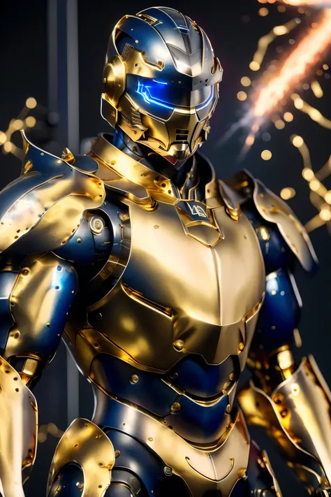 ((running towards viewer , dynamic pose)), (metallic: 1.5, gold and blue suit: 1.5), (Japanese hero), (mech bodysuit with swords: 1.5), whole body, ((detailed explosion background : 1.5)), cyberpunk, My eyes are shining brightly, Suit parts are large , Lot...