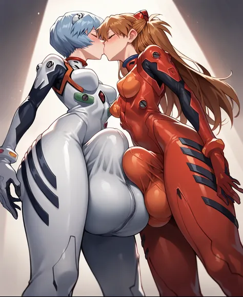 score_9, score_8_up, score_7_up, source_anime, Soryu Asuka Langley and Rei Ayanami_(Neon Genesis Evangelion), 2women, cute face, kissing, breasts and, huge butt, Futanari, huge cock, bodysuits, plug suit, huge bulge in pants, low view