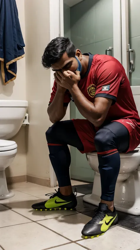 A indian smelling his football soccer cleats shoes in handin washroom, masterpiece 