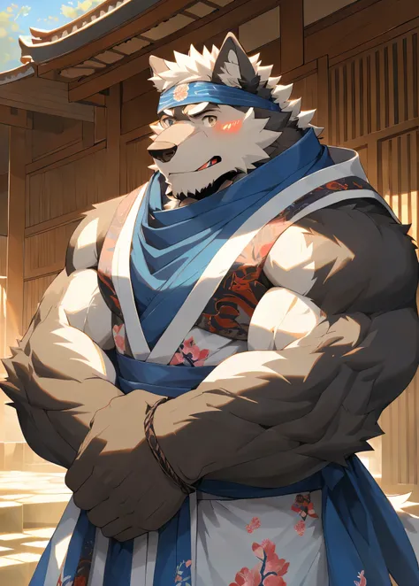 (masterpiece)，( very detailed )，(best quality)，hairy，wolf，black fur，White hair，Grey pupil ， muscular，( Japanese samurai clothing)，((blue scarf))，(( brown headband ))，(Blush:1.1)， pretty print ， temple background ，8k，( high quality )，(Ultra  high quality )，...