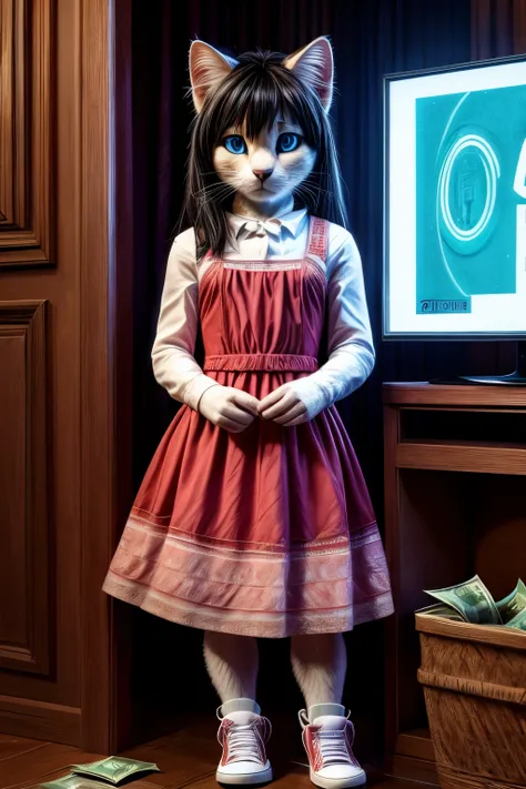 A photo of Eevi Gadolian a  kitten , white, with black hair, blue eyes, pink dress,  black pants , white sneakers,  looking at the TV sad that she didnt have the money to buy the advertisement dress