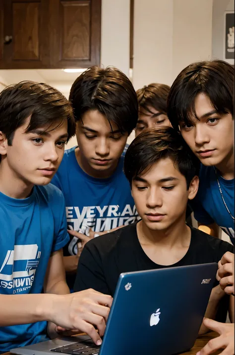 Seven boys looking at one laptop 