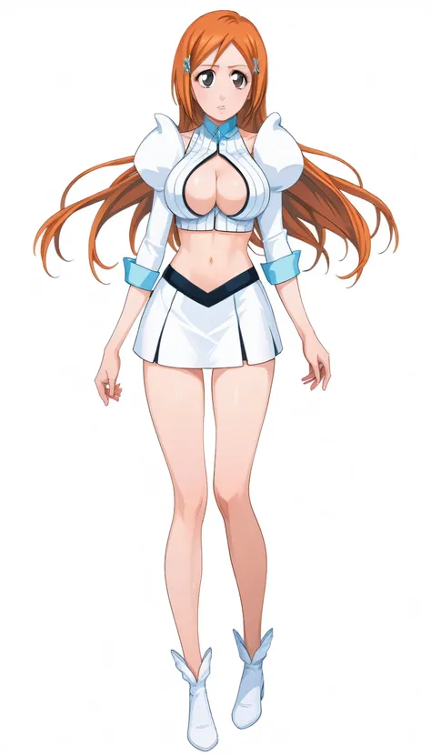 orihime, 1girl, solo, long hair, skirt, large breasts, hair ornament, grey eyes, navel, cleavage,hairclip, midriff, orange hair, clothing cutout, cleavage cutout, short skirt, inoue orihime, wide hips, full body, standing, idle