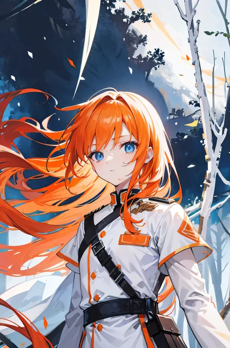 Orange hair, blue eyes, long hair, young girl, white soldiers uniform, dark forest background