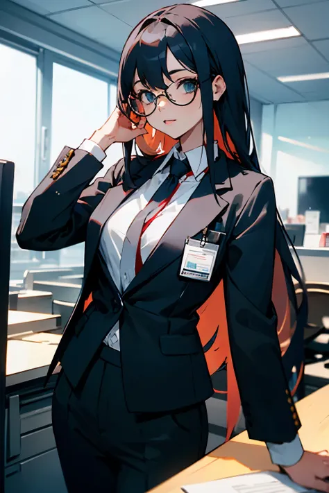 female office worker with long hair glasses in black suit 
