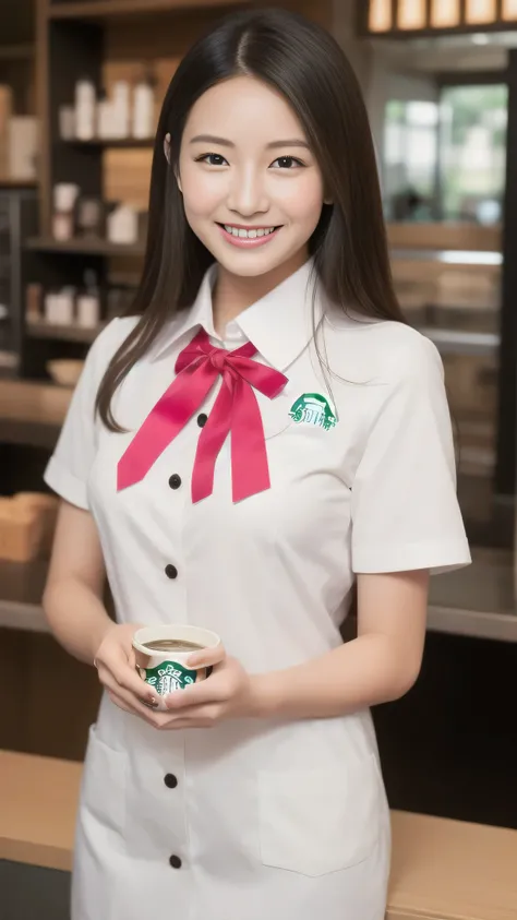 The face of a hostess、（（ Starbucks Clerk））、（（ Starbucks Uniform ））、 high quality、Super Super Real 、fine、Smiling face、Slim perfect figure、Japanese beauty、  perfect eyes、Radiant Skin、pink shop background