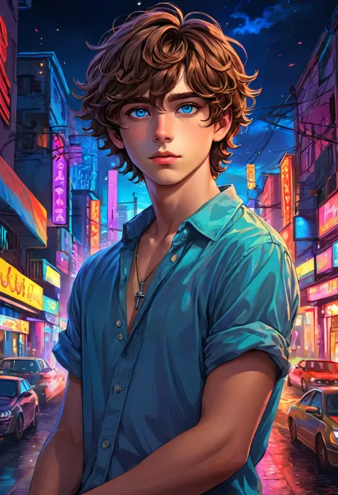 Key art, a beautiful gay boy with short wavy brown hair and sharp blue eye, neon colors, intricately detailed, masterpiece, award winning art, deep serenity is infused throughout the imagery, evocative, expressive, emotive art, 8k, hdr