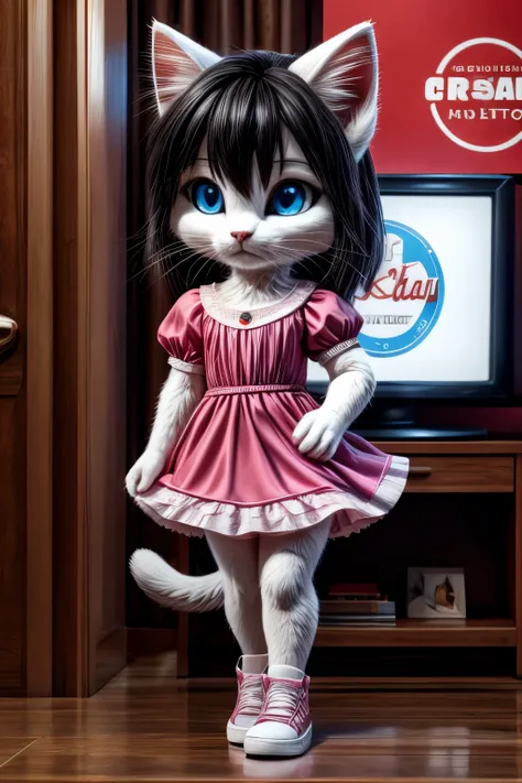 A photo of Eevi Gadolian a  kitten , white, with black hair, blue eyes, pink dress,  black pants , white sneakers,  looking at the TV sad that she didnt have the money to buy the advertisement dress