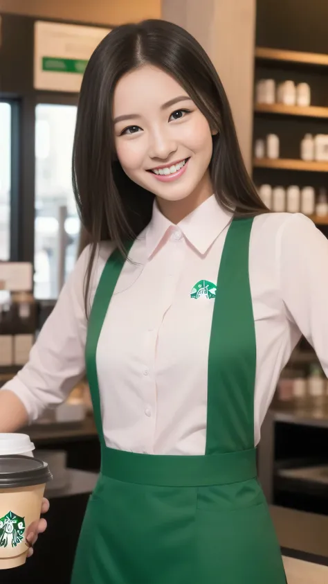 The face of a hostess、（（ Starbucks Clerk））、（（ Starbucks Uniform ））、 high quality、Super Super Real 、fine、Smiling face、Slim perfect figure、Japanese beauty、  perfect eyes、Radiant Skin、pink shop background