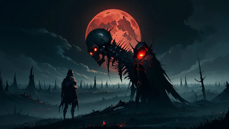 a Death Knight , dark and eerie Evening landscape,  A disturbing and threatening atmosphere, dead trees, cracked earth,  Bright red moon , Ominous clouds, decaying ,  skeletal figures , horror, macabre, siniestro, ( masterpiece , top quality,  The best qua...