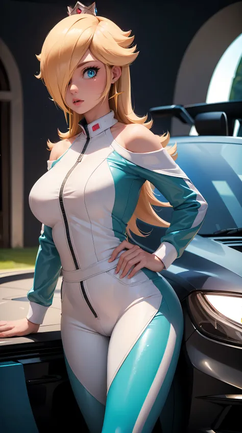 ( The best quality ). ( Ultra detailed). (1 girl),  looking at the spectator. (  detailed background ).  detailed and beautiful eyes.  delicate and beautiful face . (high saturation), big breasts,  saggy breasts , ((( sexy racing suit ))),  Big breasts,  b...