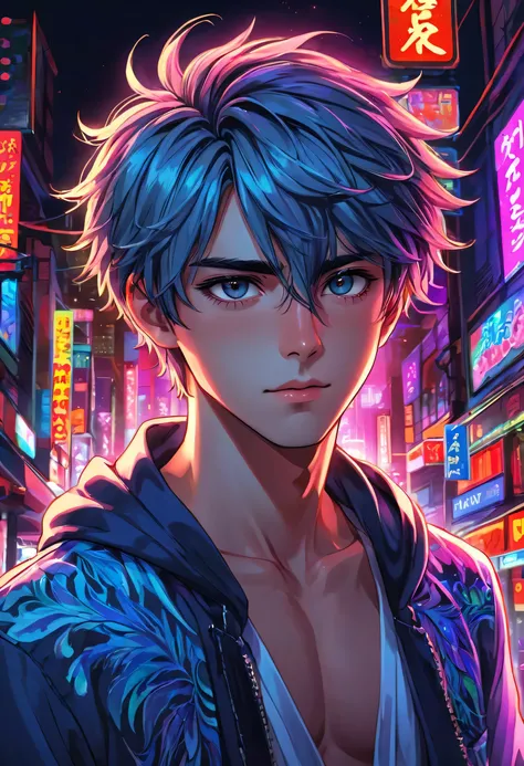 Key art, a beautiful gay 24 years old anime boy with sexy gay expression, neon colors, intricately detailed, masterpiece, award winning art, deep serenity is infused throughout the imagery, evocative, expressive, emotive art, 8k, hdr