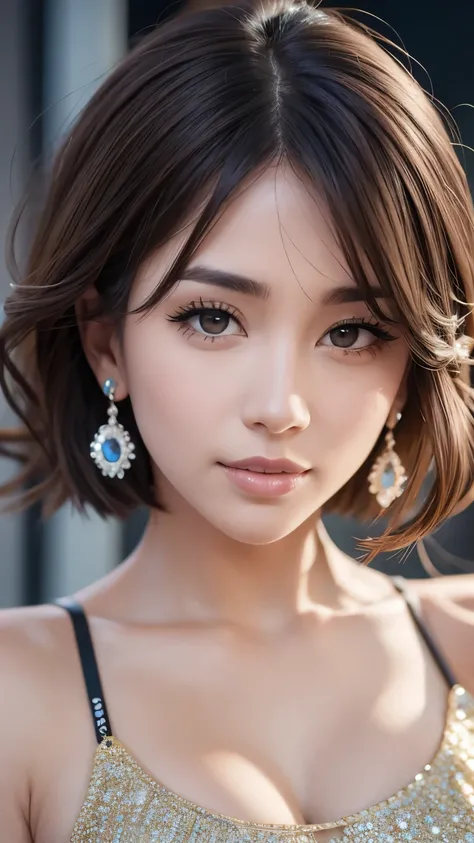 high quality, high quality photo, white one shoulder top, night view, illumination, brown hair, short hair, hair tied up, full body photo, sexy face, short hair, complete look, (((masterpiece))), ((best quality)), ((surreal)), 20 years old, point of view, ...