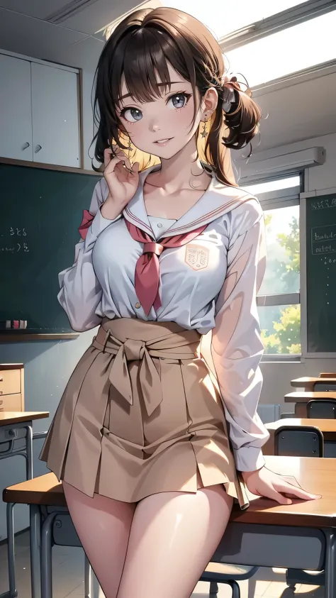 (masterpiece, best quality), 1girl, parted lips, blush, makeup, light smile, school uniform, classroom, light rays, glow, thighs, collarbone, narrow waist, (masterpiece), wallpaper