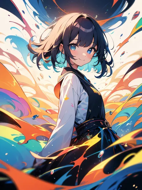 sideview,(looking at viewer:1.3),(masterpiece, Best Quality, Official Art:1.2), (colorful), Gazing at the audience, One Girl, Alone,  White background , floating colorful water,  super precise illustrations , highly  Details, Dynamic Angle, beautiful  Deta...