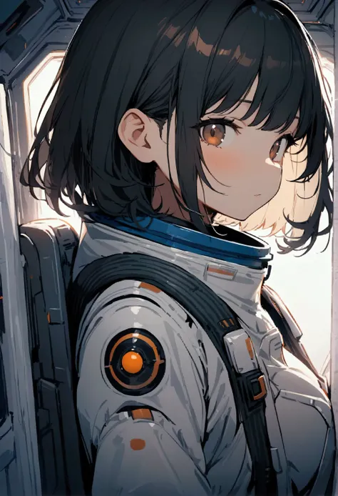 masterpiece, Best Quality, One Girl, Inside the spaceship, Space Suit,  upper body, From the side, SF,  Brown Eyes , Bob,  Black Hair ,   viewer,