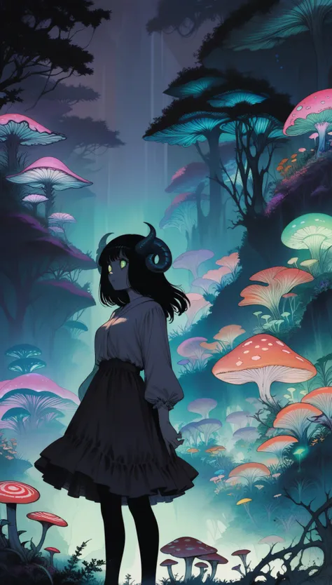 [author：Junji Ito], Dark horror scene, [Detailed shadows], [vein], (Bioluminescent mushroom forest), 1 Girl, Huge cosmic eyes, Spiral Fungus, Human Development Report fluffy black hair sheep horns. Insane