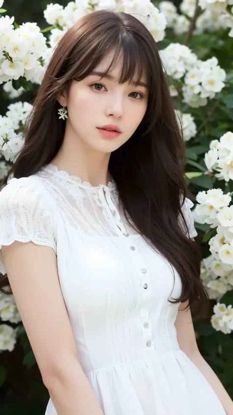 (real, High resolution:1.3), One girl with a perfect body,, Very beautiful face and eyes,Long Hair,bangs, White blouse dress:1.2,The background is covered with white flowers,Cosmetics advertising